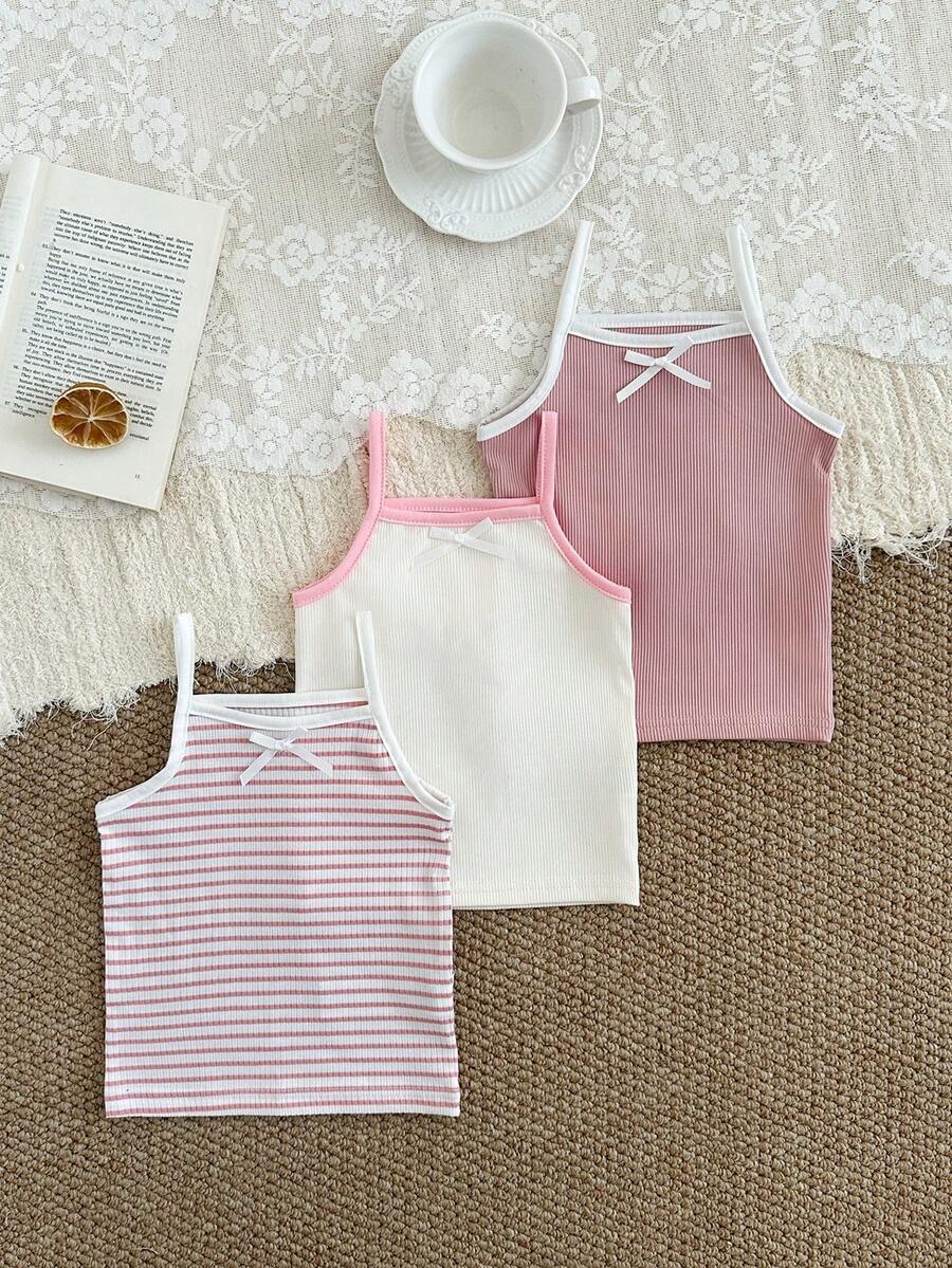 SHEIN 3件套女婴提花吊带背心。无袖设计，清爽透气，可爱时尚，马卡龙粉彩系列，甜美显瘦。面料柔软舒适，休闲可爱风格，适合春夏外出、户外玩耍、度假、日常穿着和旅行。 - 粉色 - 查看 1