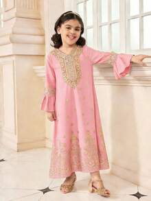 Young Girls' Elegant Abaya With Middle Eastern Totem Foil Print, Gold Collar Flower, Bell Sleeves, And Gold Lace Trim Robe - Pink - View 4