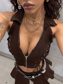 StreetHx Áo crop top denim không tay, màu trơn, buộc dây, khóa kéo, cổ yếm, hở lưng, gợi cảm dành cho nữ. - màu nâu - Xem 5