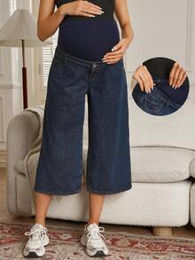 SHEIN Fashionable Casual Maternity Wide Leg 3/4 Length Jeans, Navy Blue - Navy Blue - View 1