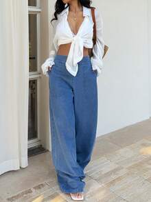 Sunnyshic Women's Casual Loose Fit Wide Leg Jeans - Blue - View 4