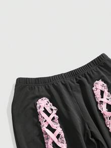 ROMWE Goth Women's Y2K Lace Trim Drawstring Waist Fitted Shorts - Black - View 3