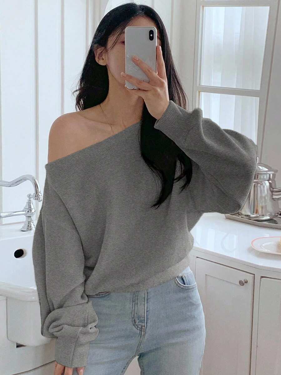 DAZY Women's Casual Solid Color Loose Fit Oblique Shoulder Long Sleeve T-Shirt, Autumn Off The Shoulder - Grey - View 1