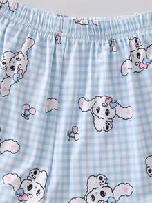 Conjunto de pijama infantil feminino de 2 peças, estampa xadrez com desenho de coelho, blusa com botões frontais e shorts, roupa de dormir confortável. - Azul - Ver 7