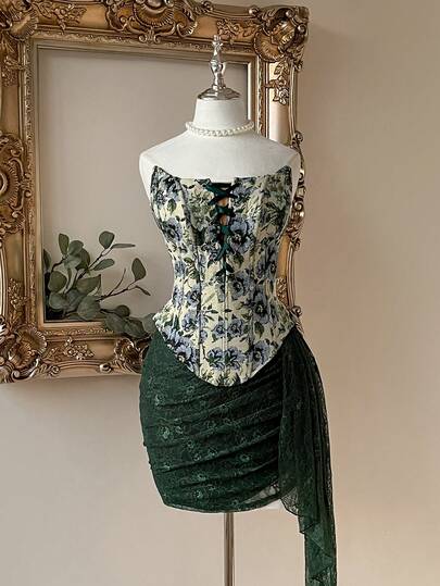 Lovelzi Elegant Jacquard Lace Patchwork Sexy Strapless Boat Neck 2 In 1 Ruffle Hem Mini Dress, Suitable For Parties, Dates, Singles Events, Vacations, Music Festivals, Formal Occasions, Galas, Balls