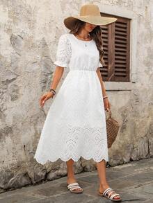 EMERY ROSE Women's Casual Vacation Style Solid Color Schiffy Bubble Sleeve Cinched Waist Shell Trim Dress, Summer - White - View 5