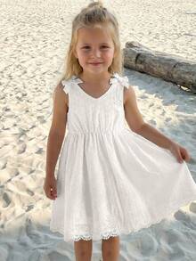 SHEIN Elladie kids 1pc Girls' White Hollow Embroidered Floral Lace Bow Tie Camisole Dress, Elastic Waist Ruffle Hem, Simple Chic Casual Vacation Style - White - View 3