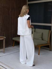 DAZY Women's Denim Collared Sleeveless Cropped Top And Wide Leg Pants Casual Denim Suit - White - View 5