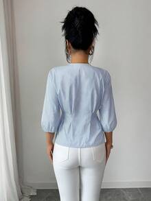 Elenzga 优雅女士条纹衬衫，系带前襟，蝴蝶结，荷叶边，收腰设计，七分灯笼袖，休闲/度假风，春夏款，时尚蓝色 - 藍色 - 查看 2