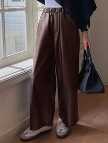 DAZY Pantaloni largi din piele PU pentru femei, culoare solidă, cu talie elastică, cu buzunar, cu picior larg - cafea maro - Vizualizare 4