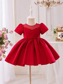 Glamorique Kids Váy ngắn tay bằng vải satin và lưới cao cấp cho bé gái, màu đỏ tía, thích hợp cho Giáng sinh, Halloween, tiệc tùng, sinh nhật, tiệc tối và biểu diễn cho bé gái - Màu Đỏ Sâu - Xem 3