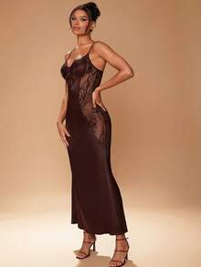 Hauture 秋季性感优雅黑色缎面蕾丝紧身长裙，配以薄纱拼接。适合约会之夜 - 棕色 - 查看 7