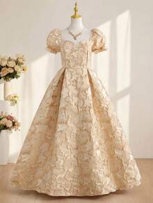 Váy dệt Jacquard thanh lịch cho bé gái tuổi teen, tay bồng, khóa kéo, màu sâm panh, thích hợp mặc hàng ngày và những dịp trang trọng - Màu Khaki - Xem 3