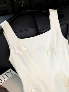 GlowEve Bow Tie Acetate Camisole French Style Mini Dress, Elegant Apricot Waist Cinched Dress Suitable For Parties, Graduations, Holidays, Valentine's Day, Music Festivals, Mother's Day, Thanksgiving, Easter, National Day, Dances, Dates, Weddings, Outings - Apricot - View 3