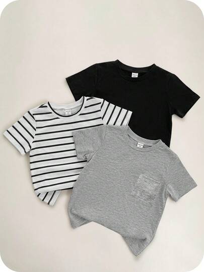 SHEIN 3pcs/Set Young Boys' Blue Striped Patchwork Casual Cute Tops T-Shirts, Suitable For Vacation, School, Home, Travel