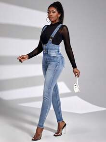 SHEIN SXY Quần yếm denim nữ có túi và cúc, thời trang, đa năng, thích hợp cho hẹn hò và đi chơi. - Rửa nhẹ - Xem 5