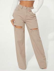 SHEIN SXY Women's Casual Everyday Commute Fashion Street Distressed Loose Straight Leg Jeans - Khaki - View 6