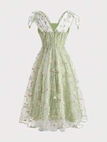 SHEIN Tween Girls' Elegant Floral Embroidered Mesh Camisole Dress, Summer - Green - View 7