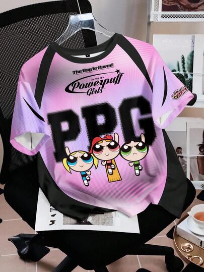 THE POWERPUFF GIRLS X SHEIN Women's Casual Fashionable Street Funny Cartoon Letter Graphic Contrast Color Loose Fit T-Shirt, Summer