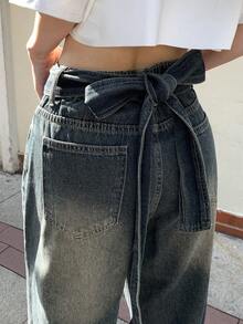 FRIFUL 女士高腰带口袋阔腿宽松休闲百搭牛仔裤 - 藍色 - 查看 9