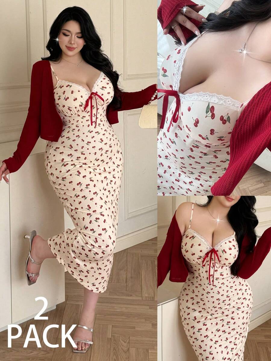Vibekara Bộ đồ 2 món dành cho nữ cỡ lớn mùa xuân/hè: Áo khoác cardigan dài tay dệt họa tiết + Đầm chữ A hai dây thắt nơ hoa in hình quả anh đào và trái cây, kiểu dáng thanh lịch cổ điển, dễ thương, thường ngày, thích hợp cho kỳ nghỉ. - Nhiều màu - Xem 1