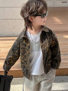 DAZY 男童豹纹拉链休闲牛仔外套 - 棕色 - 查看 6