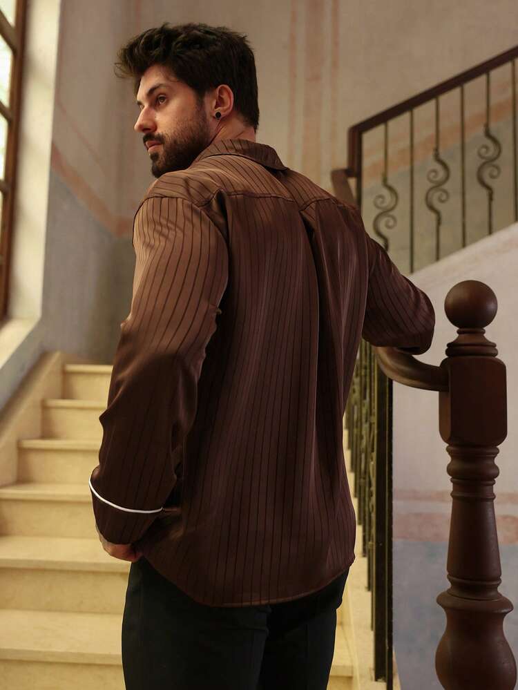 Men's Solid Color Satin Fabric Casual Long Sleeve Shirt, Vacation Style, Spring/Summer