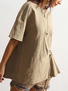 Bohemela 休闲纯色针织圆领短袖宽松抽绳女式T恤 - 灰色 - 查看 8