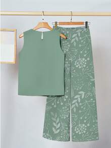 SHEIN Clasi 两件套女士休闲碎花套装，适合夏季穿着 - 綠色 - 查看 2