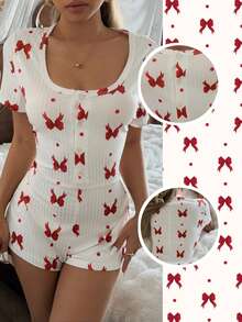 CottageSlumber Women's Ribbed Bow Print Short Sleeve Jumpsuit Pajamas - Apricot - View 2