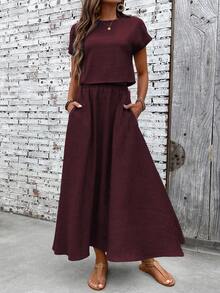 EMERY ROSE Women's Casual Solid Color Short Sleeve Top & Skirt 2 Pieces Set - Red Violet - View 3