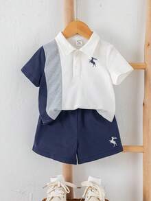 SHEIN 2件套幼儿男童休闲撞色短袖polo衫和短裤套装，春夏男婴服装，套装 - 藏蓝色 - 查看 1
