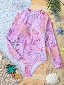 Teen Girls' Casual Minimalist Iridescent Lavender Leopard Print One-Piece Swimsuit, Suitable For Casual, Vacation, Surfing In Summer - Multicolor - View 4
