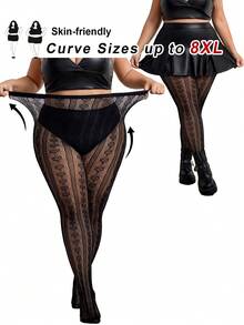 SHEIN CURVE+ CURVE PLUS /情人节/加大码女士优雅心形透明连裤袜，适合情人节穿着 - 黑色 - 查看 7