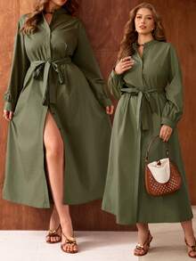 Roveilla 女士优雅法式束腰翻领长袖连衣裙，适合通勤、度假、浪漫下午茶等场合 - 軍綠色 - 查看 8