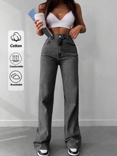 SHEIN Lange High-Waist Jeans mit roher Saumkante und weitem Bein