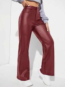 SHEIN Unity 女士时尚百搭纯色高腰裤 - 酒紅色 - 查看 4
