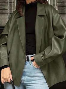 Cévolie New Retro Chic Fashion Loose Fit Blazer Leather Jacket For Women
