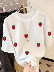 Resyla 女士时尚休闲落肩圆领T恤，草莓刺绣T恤，草莓毛巾刺绣T恤，休闲舒适户外T恤，四季皆宜T恤，水果T恤 - 白色 - 查看 3