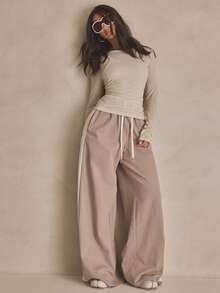 MUSERA Contrast Tie Elasticated Waist Wide Leg Trouser Tracksuit Pants Summer, Sporty, Casual, Day, Streetstyle, Streetwear - Multicolor - View 2