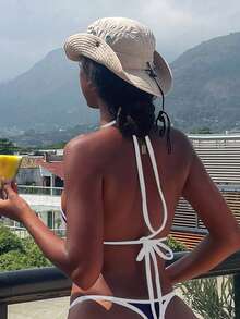 Bonvoyette 2pcs/Set Women's Contrast Trim Halter Neck Tie Bikini Top And Triangle Bottoms Swimsuit For Summer Beach Vacation - Navy Blue - View 2