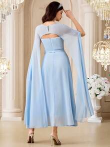 Modelyn Women's Elegant Party Dining Solid Color Hooded Long Dress Baby Blue Autumn - Baby Blue - View 4