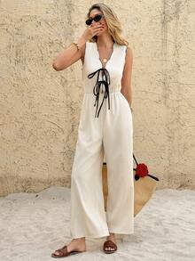 SHEIN Frenchy 女士贝壳边饰打结V领无袖连体裤 - 杏色 - 查看 4