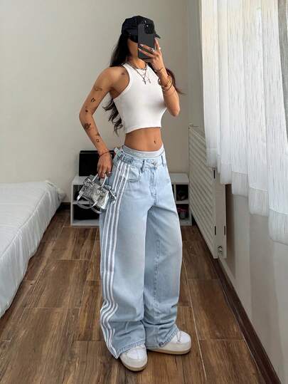 StreetHx Quần jean denim nữ thường ngày, kiểu dáng thoải mái, phối màu tương phản ở hai bên hông.