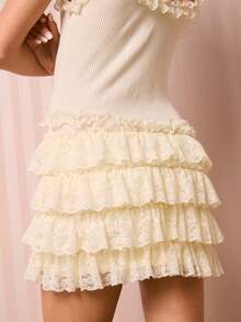 Easelle Elegant Apricot Knitted Mini Dress Sleeveless Semi-Sheer Ruffle Lace Strappy Design - Apricot - View 8