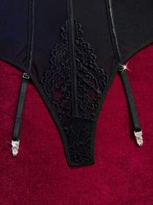 SHEIN 3件套浪漫蕾丝拼接网纱水钻装饰性感内衣套装 - 黑色 - 查看 9