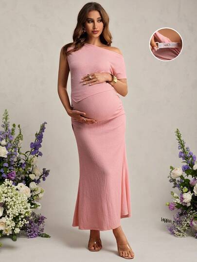 SHEIN Maternity Clothes Maternity Co Ord Set Summer Pregnant Clothes Pink Maternity Set: Sleeveless Asymmetrical Shoulder Top With Asymmetrical Hem + Maternity Fishtail Skirt. Elegant Knit Jacquard For Parties And Valentine's Day