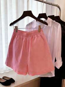 Resyla Women's Casual Everyday Commute Simple Solid Pink Elastic Waist Loose Shorts, Summer - Pink - View 2
