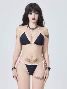 ROMWE Bộ đồ bơi 2 mảnh dành cho nữ 26SS Goth Punk Y2K Babe, phong cách đường phố sành điệu với họa tiết đinh tán, đường viền tương phản, điểm nhấn dây thắt nơ, màu đen, hồng nhạt, bikini cúp tam giác, thanh lịch, lãng mạn, gợi cảm, thích hợp cho bãi biển, kỳ nghỉ trên đảo, lễ hội, tiệc tùng, mặc hàng ngày, kỳ nghỉ biển. Bộ đồ bơi nữ mới năm 2026, thích hợp cho trường học, kỳ nghỉ, hẹn hò, tiệc trà chiều. - Nhiều màu - Xem 10