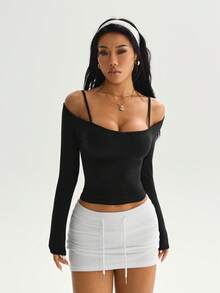 Dewbera 女士时尚优雅休闲健身跑步肩带设计长袖修身瑜伽运动上衣，春秋季 - 黑色 - 查看 3